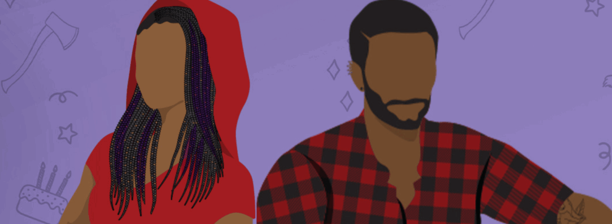 banner for it started at the party. the background is a deep purple-gray. on the left, it has the name of the book - it started at the party - and on the right, it has brooklyn and brandon, the two main characters. brooklyn is wearing a red hooded dress; brandon is wearing a red plaid flannel shirt and blue jeans. brandon has dark brown beard and mustache, and brooklyn has braids.